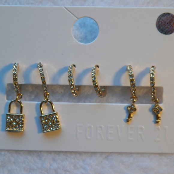 1.75" Gold Charm Hoop Earring 3 PR Set Lock Key Trending Valentine's Day GIFT - Picture 3 of 4
